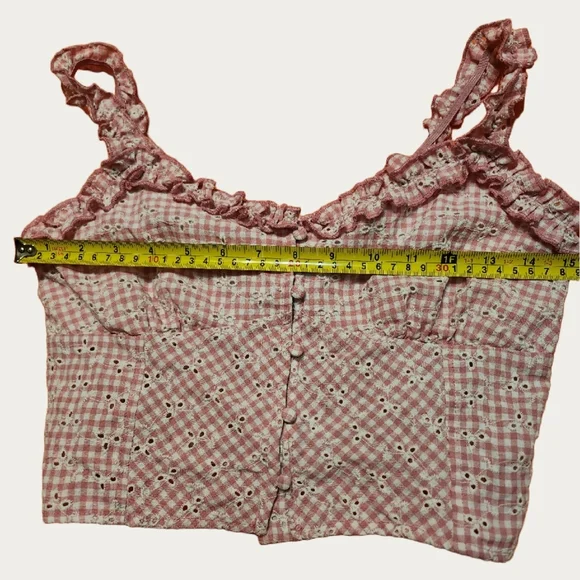 COQUETTE Feminine GINGHAM Eyelet PINK Ruffled Women's CROP Top CAMI EUC - Picture 5 of 7